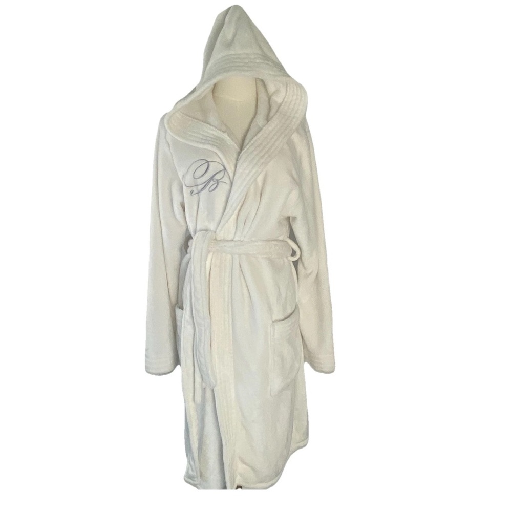 Women’s Plush White Monogram B Bride Get Ready Hooded Bathrobe